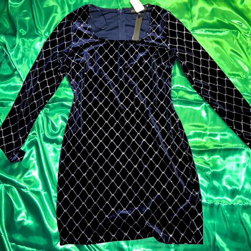 Dark blue velvet dress with silver diamond glitter pattern NWT